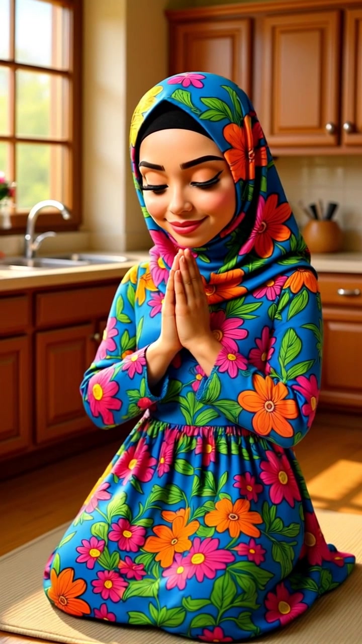 Subject: A young woman wearing a colorful floral hijab and dress. Subject movement: She shifts her weight slightly, tilting her head with a gentle, welcoming smile. Scene: A warm kitchen with wooden cabinets, filled with natural light and cozy decor. Style: Morning light creating a bright, inviting atmosphere. Motion: The camera performs a smooth, close-up dolly in, focusing on her serene expression, capturing the warmth and vibrancy of the kitchen surroundings.