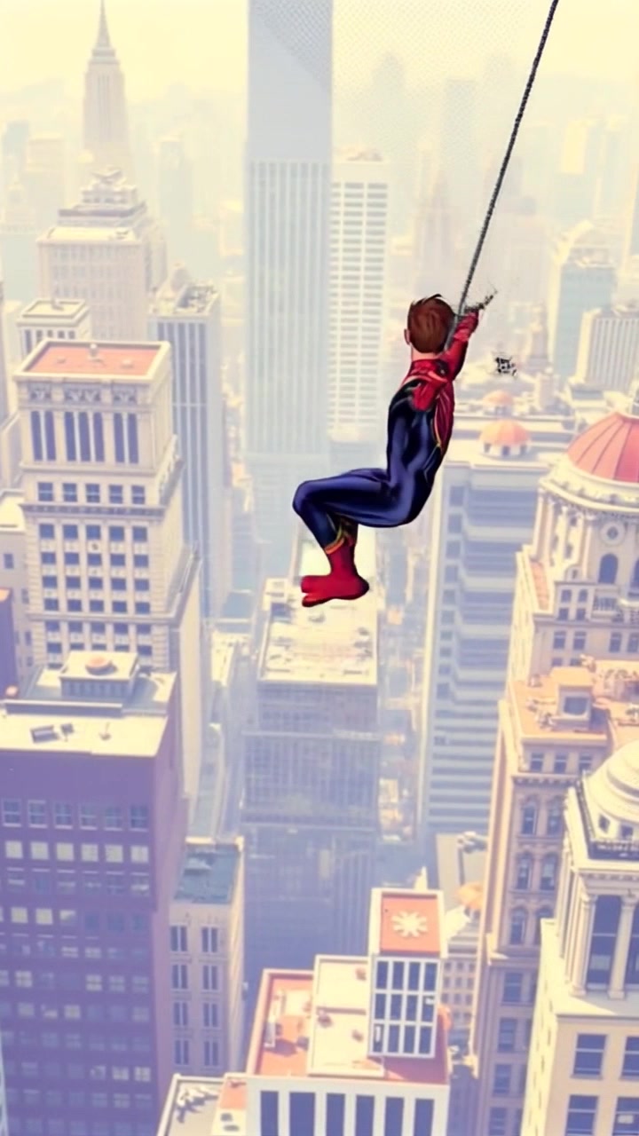 Subject: Spider-Man swinging through the city skyline on a web. Subject movement: He gracefully navigates between towering skyscrapers, each swing showcasing his agility. Scene: A bustling urban skyline filled with towering skyscrapers, the city alive with movement below. Lighting: Bright daylight illuminating the scene, highlighting the vibrant colors of the buildings. Motion: The camera follows closely behind Spider-Man, smoothly tracking his swings, creating a dynamic perspective as he weaves through the cityscape.