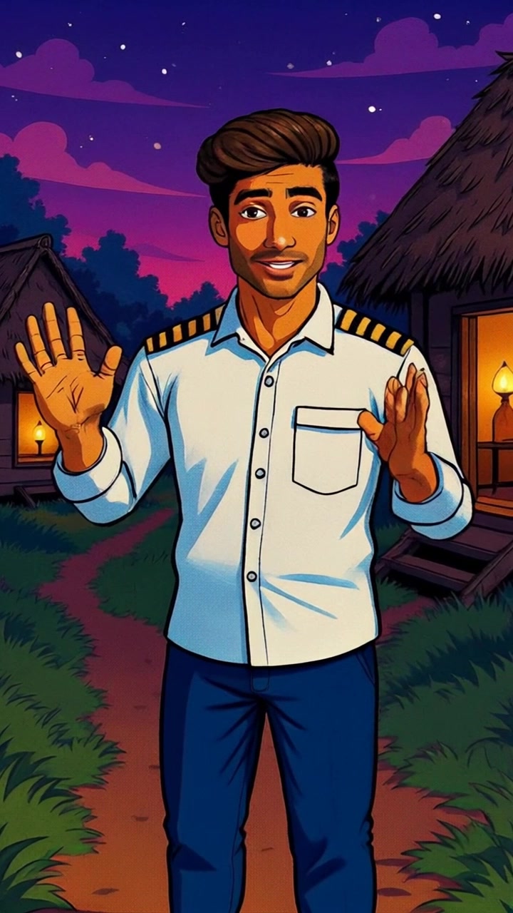 Subject: A figure standing in front of a small village. Subject movement: The figure, Arjun, gestures animatedly, as if welcoming viewers into the scene. Scene: Arjun stands before thatched houses nestled within lush green fields, set against a bright sky. Style: Vibrant natural light accentuates the scenery, highlighting the richness of the surroundings. Motion: The camera slowly pushes in towards Arjun, capturing the essence of the village, while allowing the vivid landscape to unfold in the background.