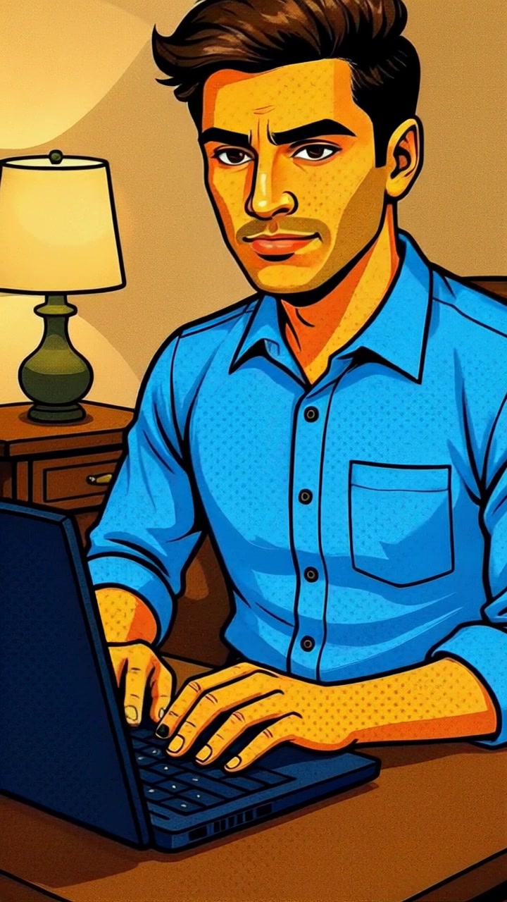 Scene: A vibrant comic-book style illustration of a young man with dark hair, focused as he types on a laptop at a desk, with a stylish lamp on a side table in the background. Style: Bright, saturated colors with distinct halftone shading adding depth and texture. Motion: The camera pushes in towards the desk, capturing his engrossed expression, and subtly shifts to a closeup of the laptop screen to reveal dynamic interface activity.