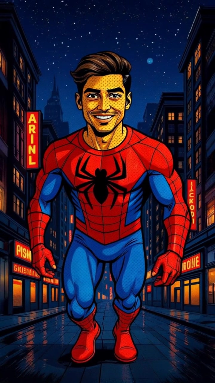 Subject: A young man dressed in a classic Spider-Man suit. Subject movement: He strikes a dynamic pose, with one leg extended and arms raised, as if ready to leap into action. Scene: A vibrant city street at night, illuminated by streetlights, under a beautiful starry sky, depicted in a comic book style. Style: Bright comic colors enriching the scene's vibrancy and energy. Motion: The camera performs a dramatic panning shot, emphasizing the character's confident stance and the bustling urban backdrop.