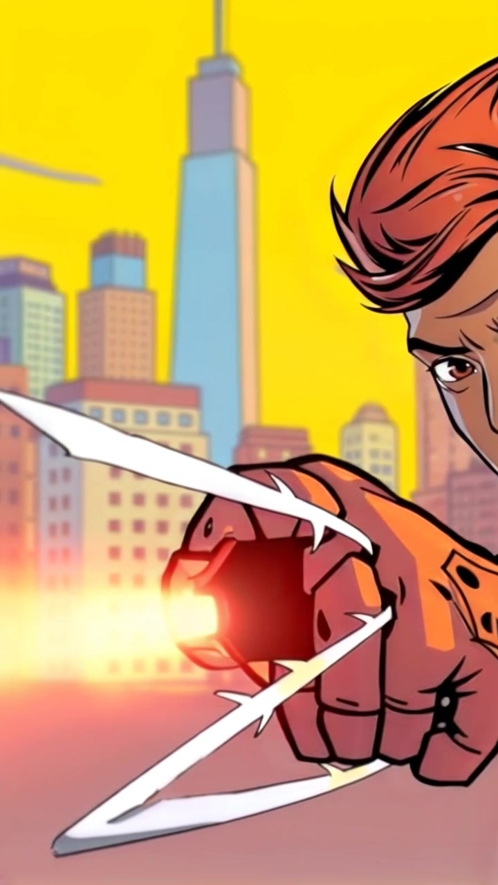 Subject: A superhero activating his high-tech web shooter. Subject movement: The superhero's arm extends forward, confidently aiming the web shooter into the bustling cityscape. Scene: Close-up of the superhero's hand with the blurred city skyline behind, capturing the essence of urban life. Style: Bright, dynamic lighting that emphasizes the sleek design of the web shooter and the vibrancy of the city. Motion: Camera begins tightly focused on the shooter and then smoothly pulls back to reveal the action within the larger scene, showcasing the energy of the city in the background.