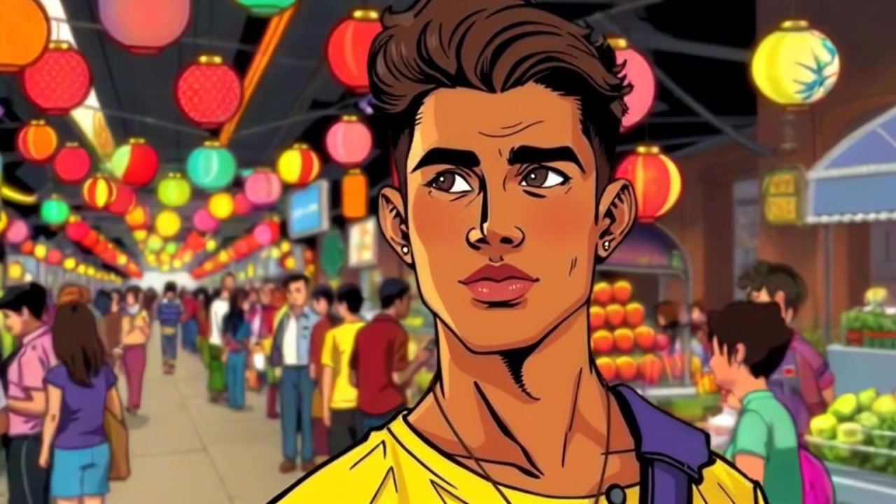 Subject: A person standing still amidst the lively activity of a street market. Scene: Bustling street market filled with vibrant stalls and a colorful crowd, with vendors selling fresh produce and handmade goods. Style: Warm daylight illuminating the scene, creating an inviting atmosphere. Motion: Camera performs a smooth 360-degree tracking shot around the subject, capturing the dynamic interactions and vivid colors of the market as people weave in and out of the frame.