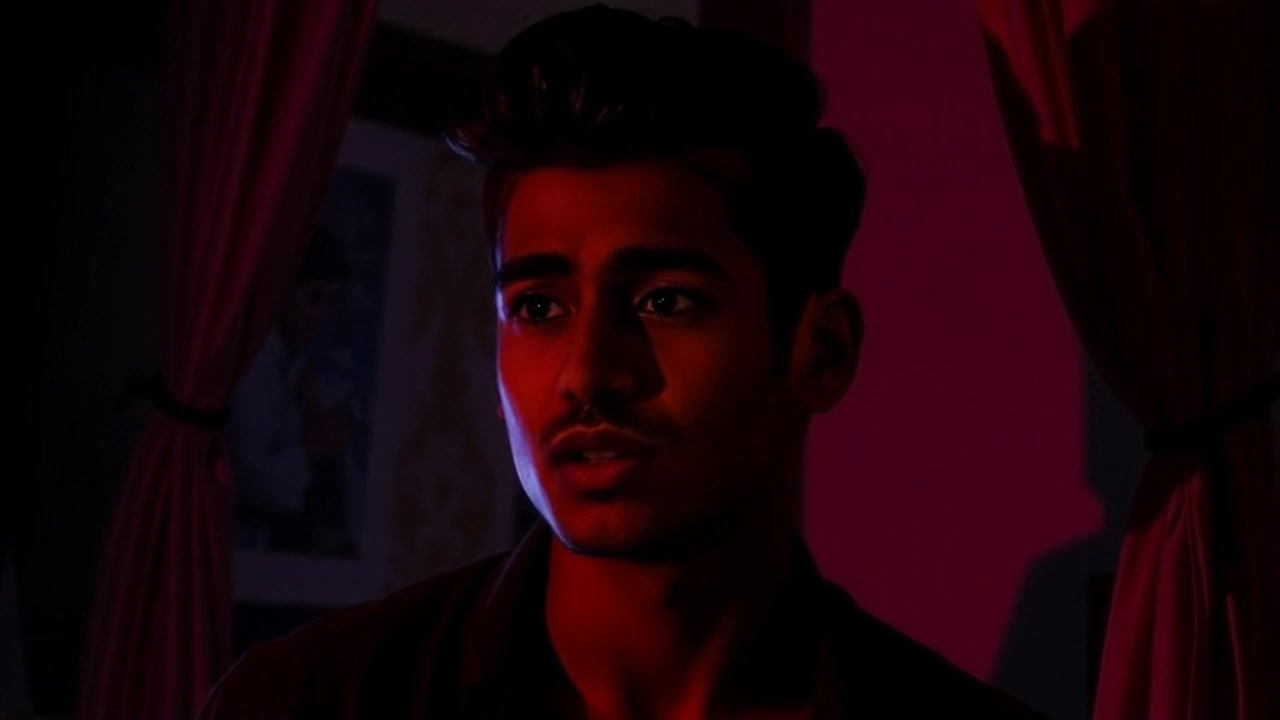 Scene: A dimly lit room filled with shadows, where a character looks around nervously, his wide eyes scanning the darkness as if tuned to an unseen voice. Style: Moody light creating dramatic contrasts and deep shadows adds to the tension. Motion: The camera slowly pans around the room, following the character's gaze, revealing flickering shadows on the walls as the atmosphere grows increasingly tense.