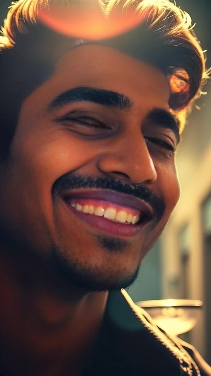 Subject: A young man smiling warmly. Scene: Close-up view of the subject with sunlight cascading across his face, creating an inviting and cheerful atmosphere. Style: Soft, golden-hour light that accentuates the warmth of his smile. Motion: The camera slowly pushes in closer, capturing the details of his expression as the background gently fades out, creating an immersive and intimate moment.