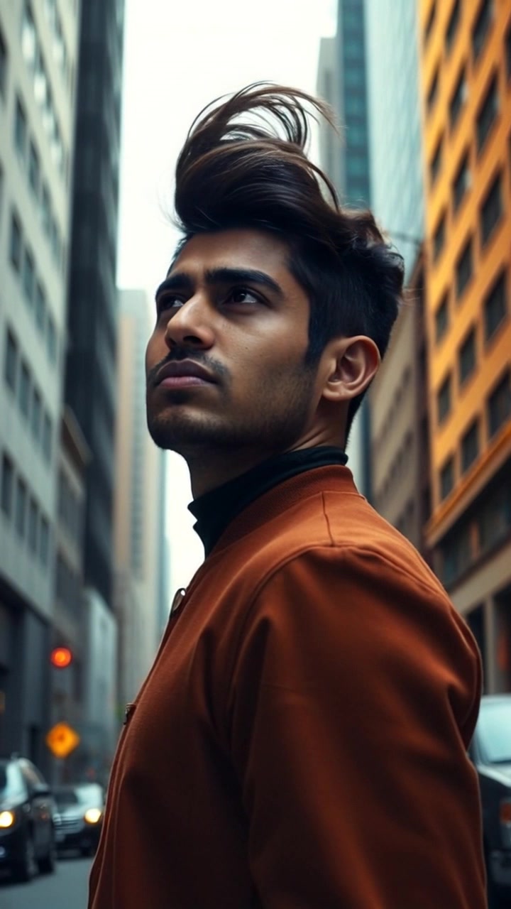 Subject: A person standing in deep contemplation. Scene: A quiet city street flanked by towering skyscrapers, with the hustle of the city life softly muted in the background. Style: Soft evening light casts long shadows, creating a contemplative and introspective atmosphere. Motion: The camera slowly pushes in towards the subject, capturing his thoughtful expression while the city moves energetically around him, emphasizing his isolation amidst the urban landscape.