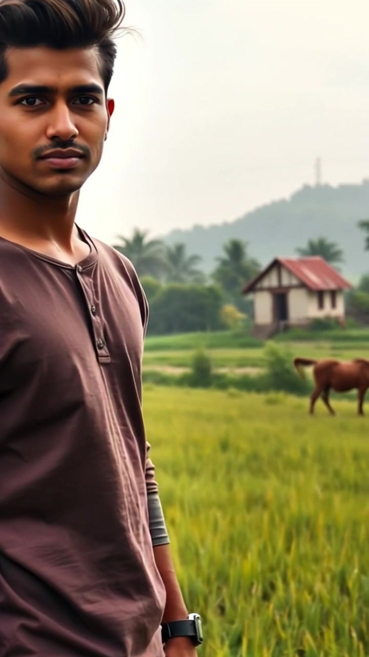 Subject: A person standing still in a rural village. Scene: The backdrop features expansive green fields and a quaint small house, embodying a serene and pastoral setting. Style: Bright, midday sunlight illuminating the vibrant landscape, enhancing the warm colors of the fields and the home. Motion: The camera gently pushes in towards the subject, highlighting the details of the surroundings while maintaining a calm and inviting atmosphere.