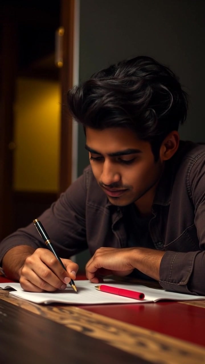 Subject: A focused individual, seated at a wooden table, poised to write a message. Subject movement: The individual leans in slightly, pen in hand, ready to pour thoughts onto paper. Scene: Cozy study filled with warm bookshelves and soft lighting, creating an inviting atmosphere. Motion: The camera gently pushes in from a side angle, capturing the intensity in the subject's expression as he readies himself to write.