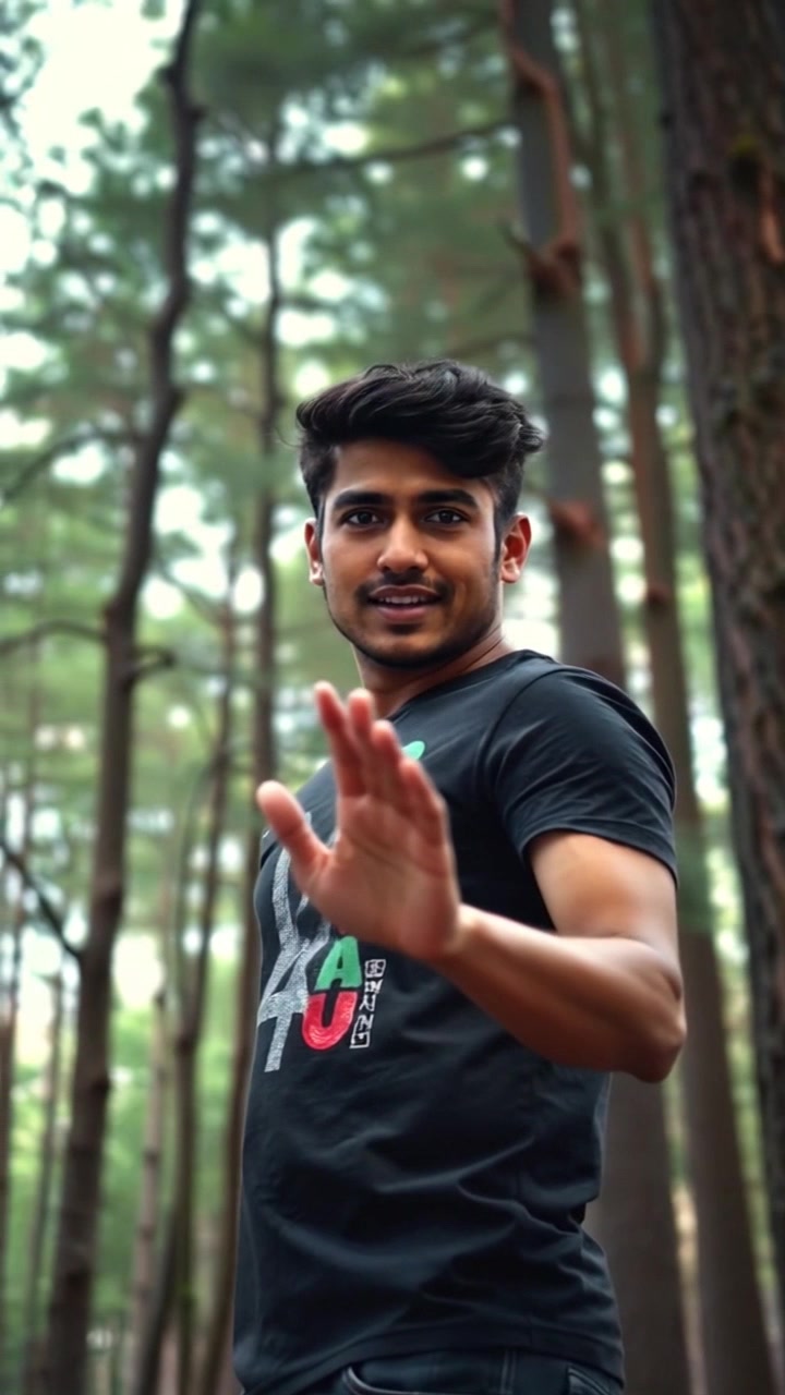 Subject: A confident figure standing amidst a forest. Subject movement: The figure gestures animatedly with his hand, seamlessly moving with enthusiasm. Scene: Lush, green forest with tall trees towering in the background, sunlight filtering through the leaves. Style: Soft, dappled daylight creating an inviting atmosphere, rich in natural tones. Motion: The camera gently pushes in toward the figure, capturing the motion of his hand as it slices through the air, with a smooth tracking effect that emphasizes his confident presence.