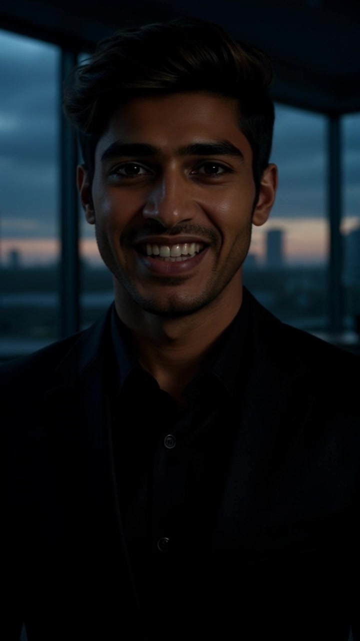 Subject: A young South Asian man dressed in a dark suit standing indoors. Subject movement: He steps slightly forward with a warm smile, creating a welcoming atmosphere. Scene: The interior setting features large windows that frame a dusky skyline, with soft shadows and hints of colors from the setting sun. Lighting: The warm ambient light from dusk highlights his features, complemented by the soft glow of overhead lights. Motion: Camera pushes in slowly to capture the warmth of his expression, with a gentle focus pull that accentuates the serene atmosphere.