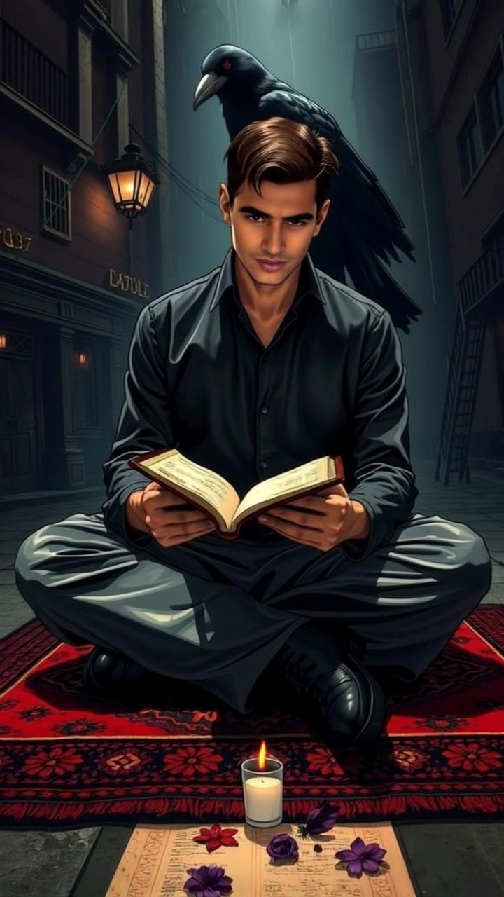 Scene: A cozy room with Amir sitting cross-legged on a soft rug, a small candle flickering gently beside an open book in front of him. Style: Warm ambient lighting highlights the soft textures of the rug and the candle's glow, creating an inviting atmosphere. Motion: The camera begins with a closeup of the candle flame, then smoothly pulls back to reveal Amir in a tranquil moment, emphasizing the peaceful ambiance of the space.