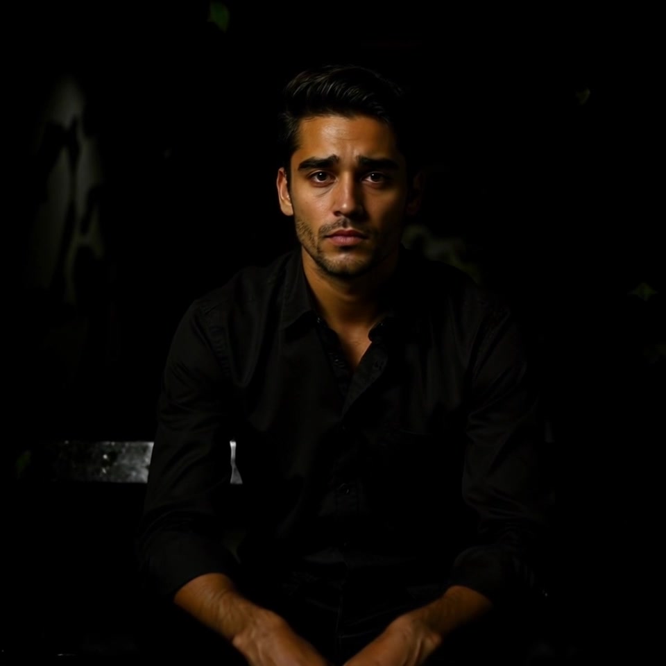 Subject: A young man with dark hair and a trimmed beard, wearing a black shirt, appearing contemplative. Subject movement: His eyes shift slightly as he gazes forward, conveying a deep sense of introspection. Scene: The young man is seated against a dark, moody background that enhances the solemn atmosphere. Style: Soft, dramatic lighting falls upon him, casting subtle shadows on his face, emphasizing his thoughtful expression. Motion: The camera gradually pushes in, focusing on his face to capture the depth of his expression, culminating in a close-up that invites viewers into his moment of reflection.
