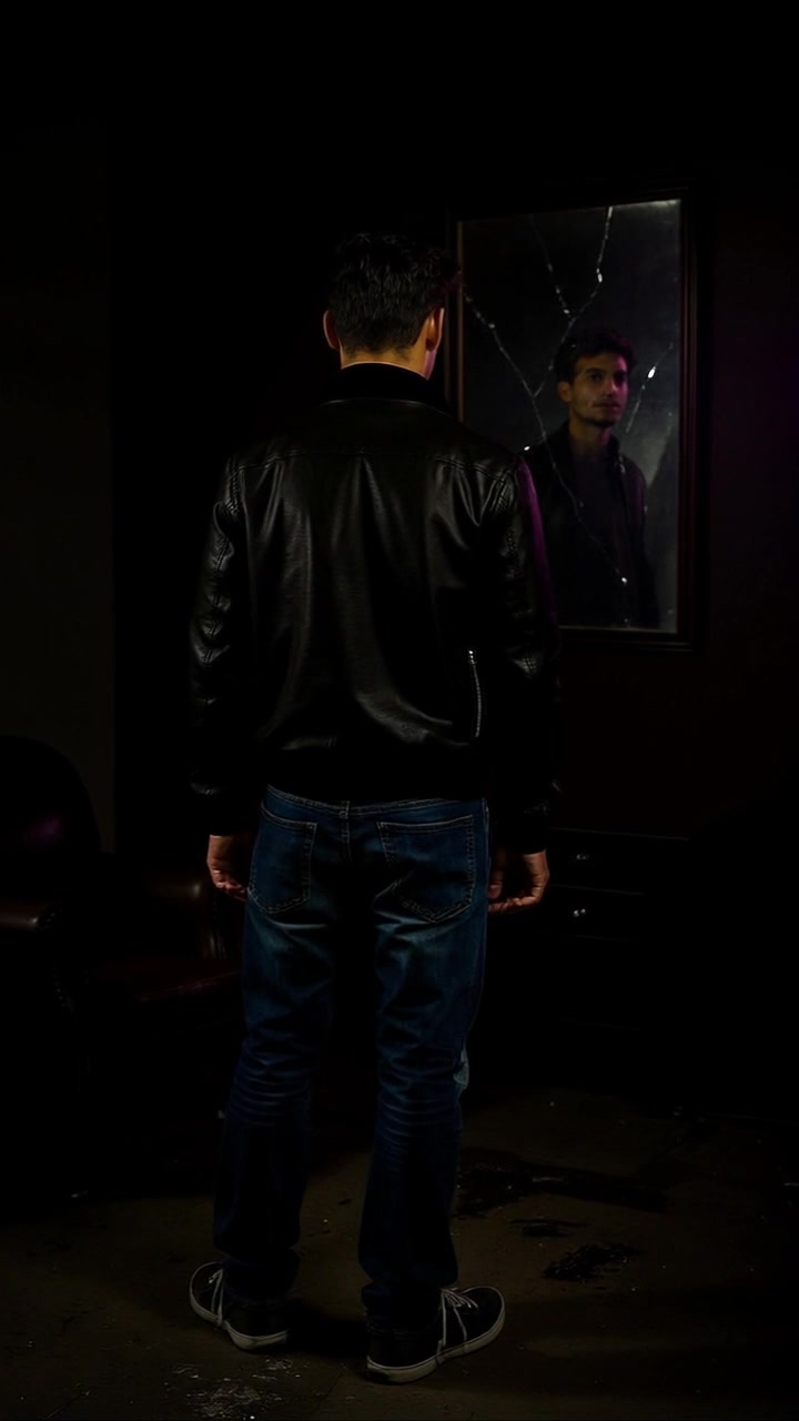 Scene: A dimly lit room with stark shadows casting dramatic shapes, featuring a large, cracked mirror reflecting indistinct images. Style: Soft, moody lighting creating a somber atmosphere with a hint of mystery. Motion: The camera slowly pans from the mirror to Amir's contemplative expression, then pulls back to reveal the depth of the room.