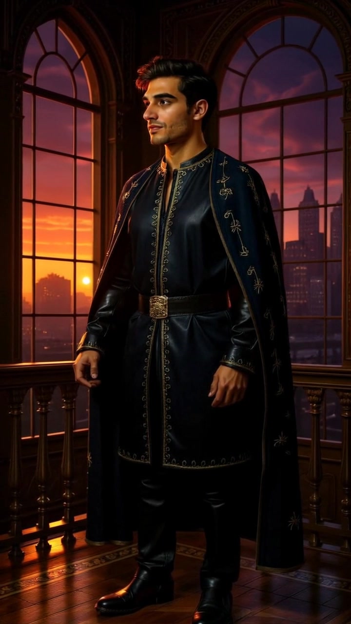 Subject: A person standing on a balcony. Subject movement: The individual gazes thoughtfully out over the cityscape, bathed in the golden hues of sunset. Scene: A balcony overlooking a vibrant city during dusk, with stunning skyline silhouettes and soft glowing lights emerging in the distance. Lighting: Warm, ambient sunset light illuminates the scene, casting long shadows. Motion: The camera gently tracks in on the individual from a mid-range angle, providing a cinematic view of their contemplative expression as the cityscape glimmers below.