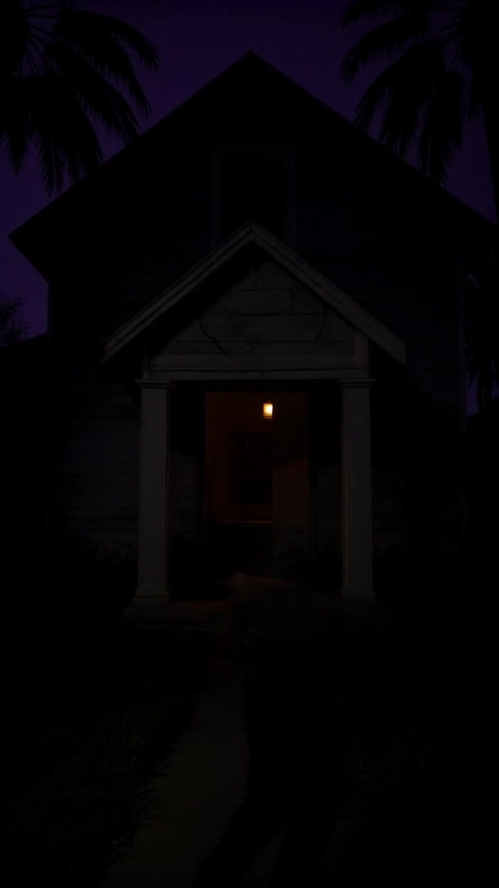 Scene: An eerie, dimly lit scene featuring an old, abandoned house, shrouded in darkness, illuminated only by the silvery glow of the moon. Style: Low-key lighting creates stark contrasts and deep shadows, enhancing the haunting atmosphere of the night. Motion: The camera slowly pushes in, weaving through ghostly trees surrounding the house, eventually capturing a close-up of the weathered facade while subtle leaves rustle in the cool night breeze.
