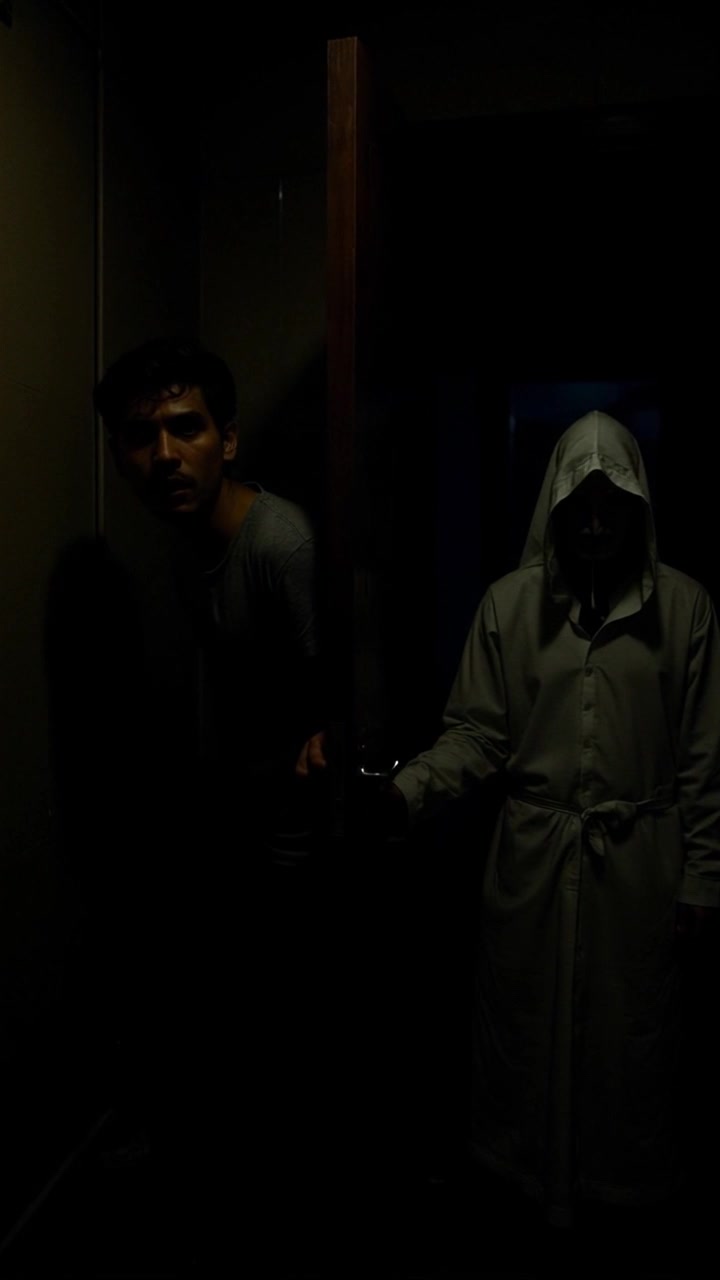 Scene: A dark, suspenseful room where a man nervously peeks from behind a partially open door, while a hooded figure stands ominously in front of the door, their face hidden in shadow. Style: Moody, low lighting that emphasizes the tension in the atmosphere. Motion: The camera slowly pushes in on the door, capturing the unraveling suspense while maintaining a close view of both the man's anxious expression and the mysterious figure looming ahead.