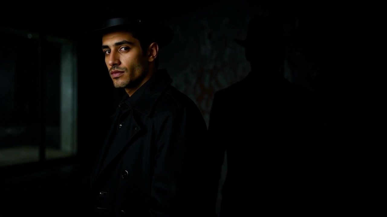 Subject: A young man in a black hat and dark coat, standing still. Scene: A dimly lit environment with his face partially illuminated, while his shadow looms against a dark wall in the background. Style: Low-light ambiance with stark contrasts and a moody atmosphere. Motion: The camera slowly pushes in on the young man, accentuating the interplay of light and shadow across his features and creating a sense of intrigue.