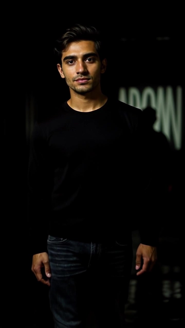 Scene: A confident young man stands in a dimly lit environment, shadows draping over him, with partially visible text in the background. Style: Dramatic, mood-enhancing lighting that emphasizes the contrasts and textures in the scene. Motion: Camera slowly pushes in closer to the subject, capturing the intricacies of his attire and the surrounding shadows, creating an intimate and engaging atmosphere.