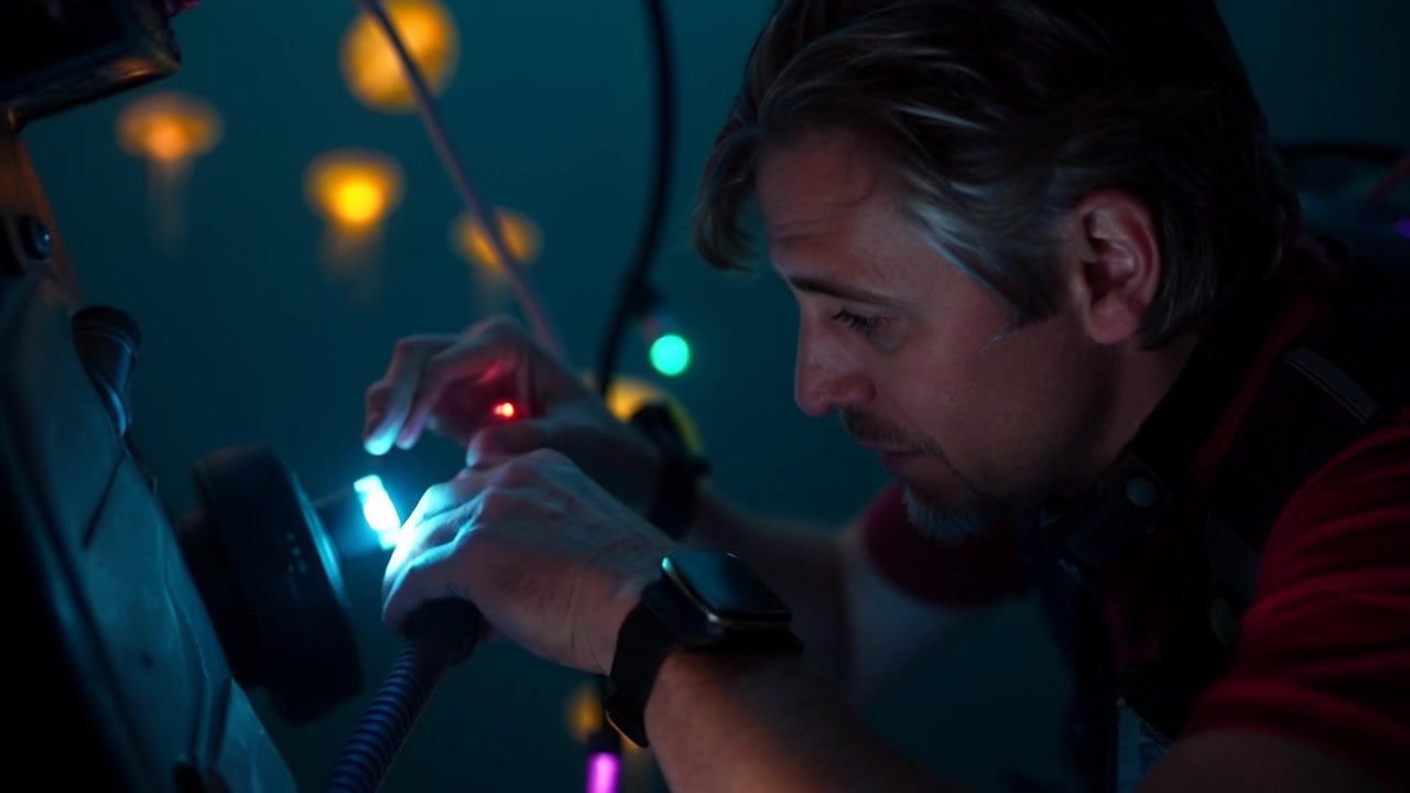Scene: An underwater setting where a diver inspects a malfunctioning device amidst colorful coral and marine life. Lighting: Soft, diffused blue light filters through the water, creating a tranquil yet mysterious atmosphere. Motion: The camera slowly tracks the diver's focused movements as he examines the device, gently rotating to reveal the surrounding underwater landscape.
