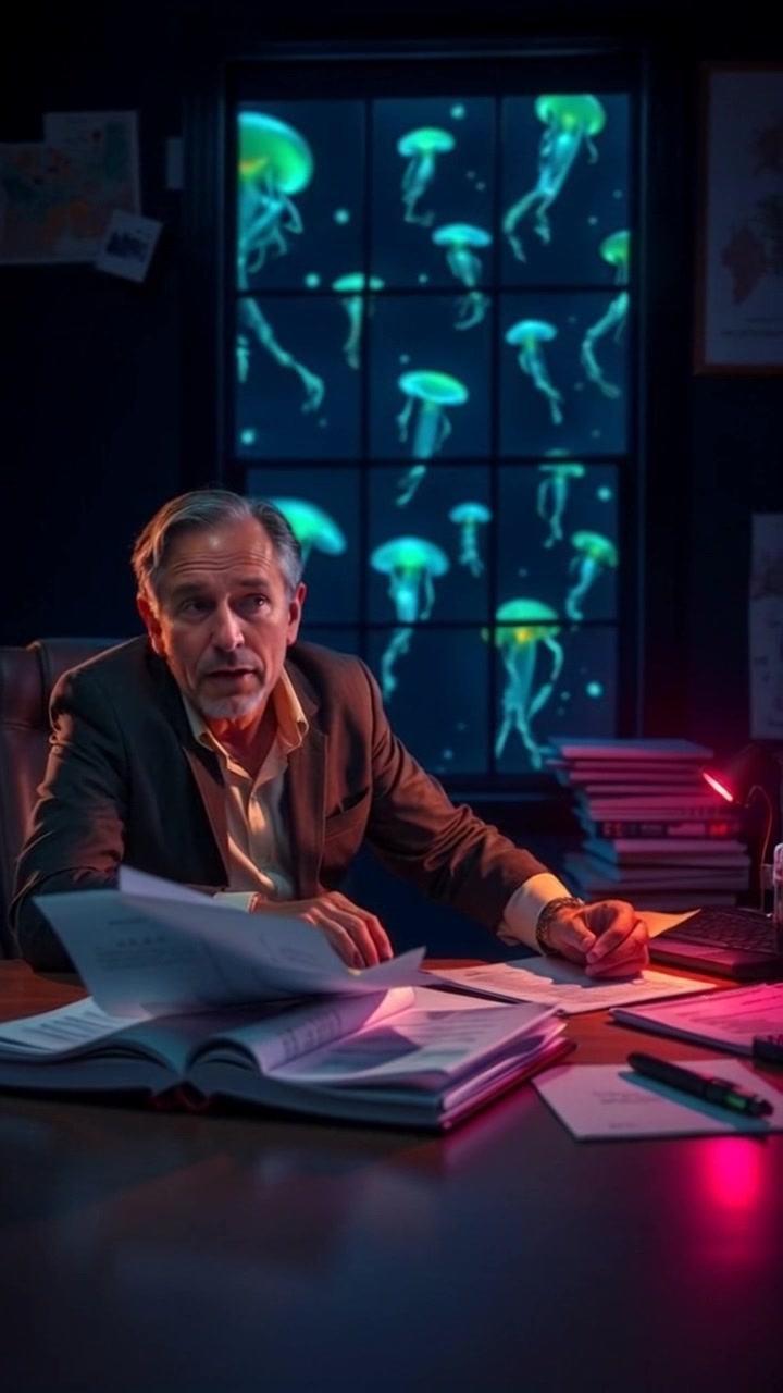 Scene: A dimly lit room featuring a desk cluttered with scattered documents, creating a contemplative atmosphere. Style: Soft, ambient lighting that casts shadows and emphasizes the mess on the desk, enhancing the mood of introspection. Motion: Handheld camera gently moves in a close-up shot, capturing the details of the documents while slowly tilting up to reveal the person's thoughtful expression.