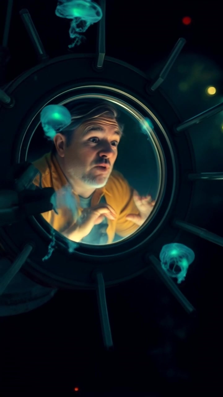 Subject: A man inside a diving bell, expressing urgency. Subject movement: He raises his arms dramatically as he shouts, the diving bell is rapidly descending into the depths of the ocean. Scene: Interior of a high-tech diving bell surrounded by dark, murky water, bubbles rising past the glass viewport. Style: Dim, moody lighting contrasts with the glowing instrument panel. Motion: Camera performs a quick zoom in on the man's animated expression while simultaneously panning downwards to match the descent of the bell into the abyss.