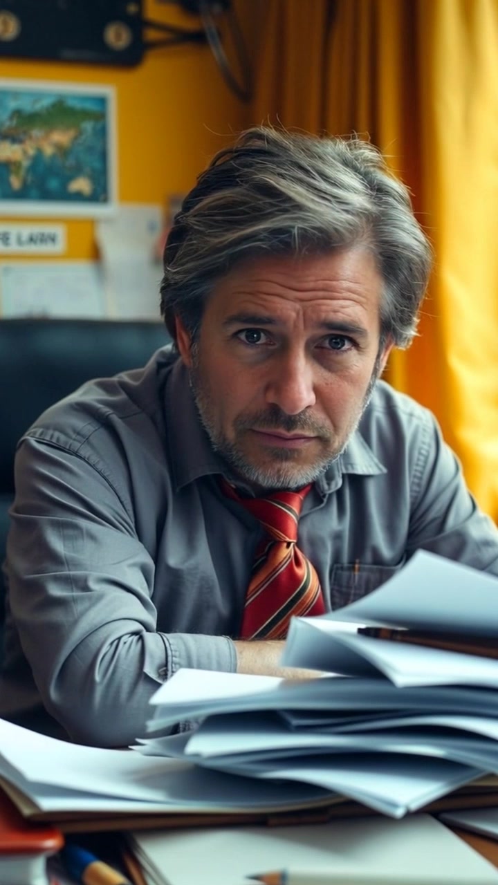 Scene: A cluttered office space filled with scattered papers and an anxious individual sitting at a desk, surrounded by the chaos of work. Style: Soft, ambient lighting creating a calm yet tense atmosphere. Motion: The camera smoothly pushes in closer to the subject, capturing the overwhelmed expression while the background subtly blurs, emphasizing the emotional weight of the moment.