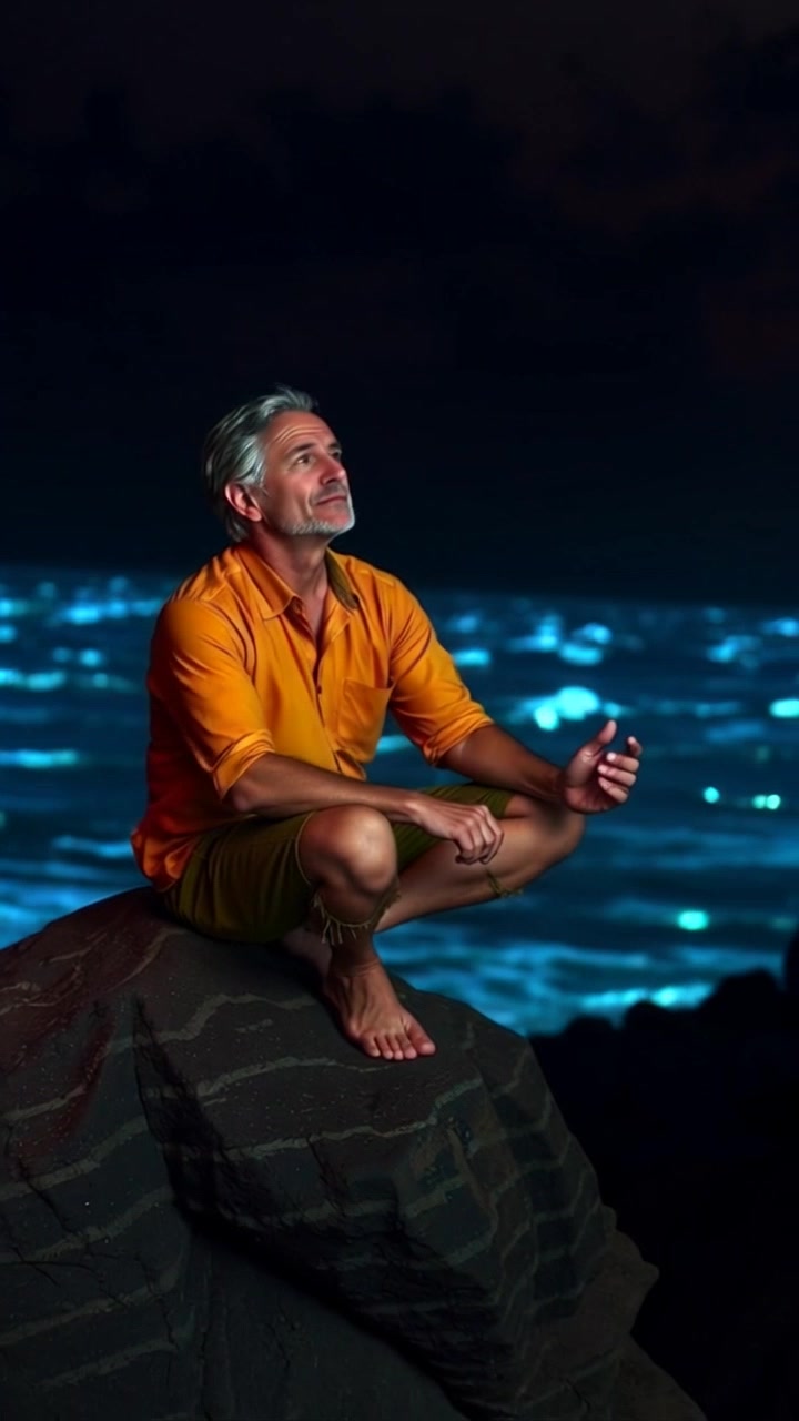 Subject: A person sitting on a rock, catching their breath. Scene: A rocky shoreline with a vast ocean in the distance, waves gently crashing against the rocks. Style: Soft, ambient lighting as the sun begins to set, casting warm hues across the sky and water. Motion: The camera starts with a close-up of the individual, slowly pulling back to reveal the breathtaking ocean panorama as a gentle breeze ruffles their hair.