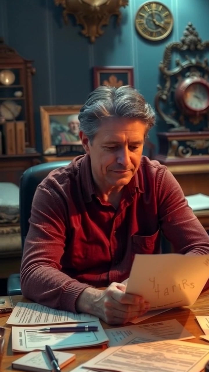 Scene: A cozy study room with Mark sitting at a desk, surrounded by scattered papers and a warm glow from a desk lamp. Style: Soft, ambient lighting that creates a contemplative atmosphere, emphasizing the warm wood tones of the furniture. Motion: Camera slowly pans inwards towards Mark's thoughtful expression, capturing the details of the scattered papers as the background fades slightly to keep focus on his face.