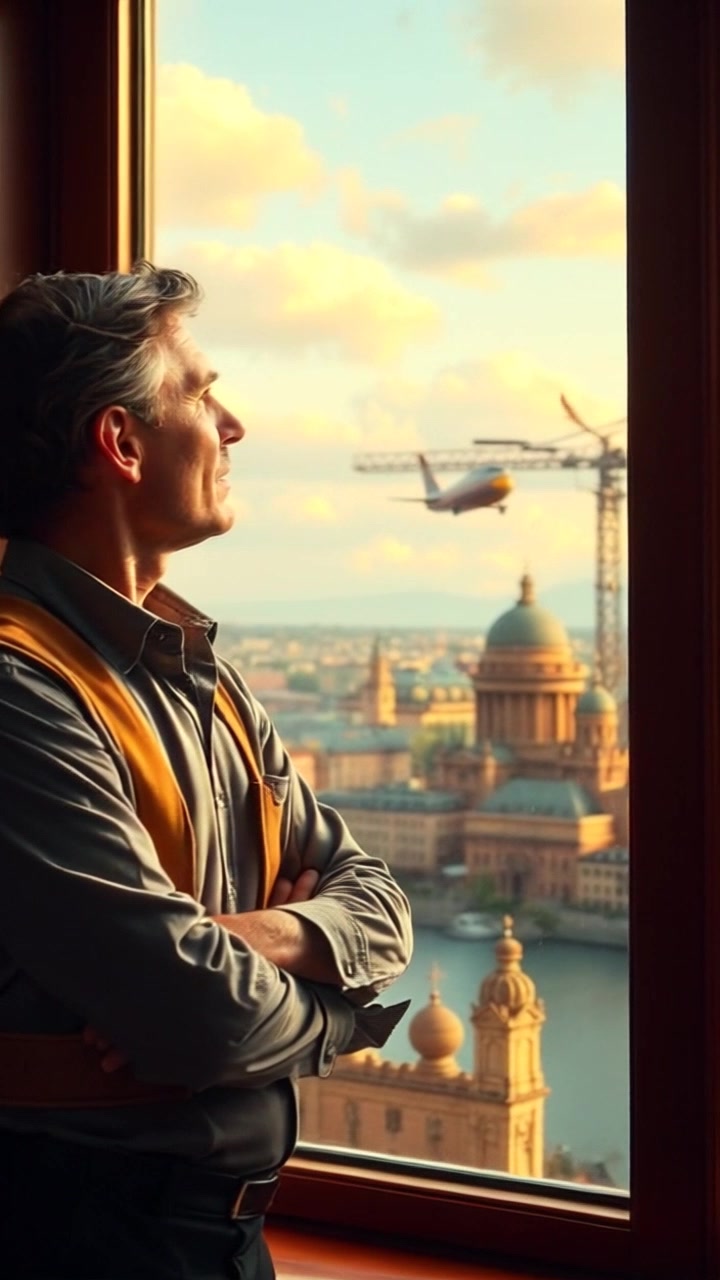 Subject: Mark leaning against a window. Subject movement: He shifts slightly to adjust his gaze towards the skyline. Scene: An interior space with a large window overlooking a distant city skyline, setting a tranquil atmosphere. Style: Soft morning light filtering through the glass, creating gentle shadows and highlighting the contemplation on his face. Motion: Camera begins with a close-up of Mark's expression and slowly pans out, revealing the vast skyline beyond, evoking feelings of longing and introspection.