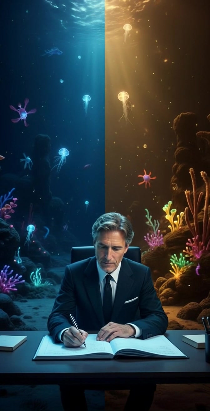 Subject: A middle-aged man in a suit, engrossed in writing at a desk that seems to float in the water. Subject movement: He occasionally looks up, observing the contrasting underwater world around him. Scene: The underwater realm is split into two halves, one side dark blue with glowing jellyfish and vibrant corals, the other side warm golden with similar bioluminescent sea life. Lighting: Ethereal illumination highlights both halves, creating a mystical ambiance. Motion: The camera slowly pans around the desk, capturing the serene water movement and the intriguing creatures, while gently shifting focus between the contrasting environments.