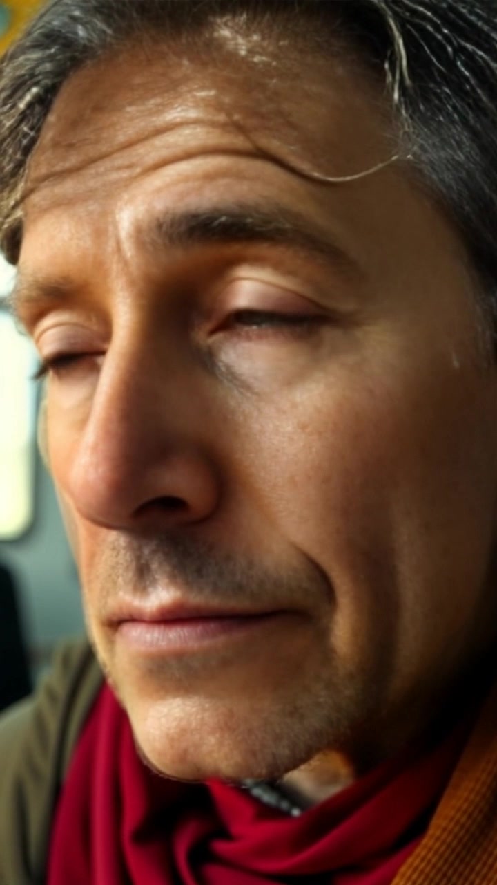 Scene: Close-up of a person's face with a thoughtful expression, deeply engaged in contemplation with subtle eye movements. Style: Soft ambient lighting casting gentle shadows, highlighting the contours of the face. Motion: Camera slowly pushes in to emphasize the intricacies of the expression, capturing the depth of thought as the person's eyes flicker, reflecting a world of ideas.