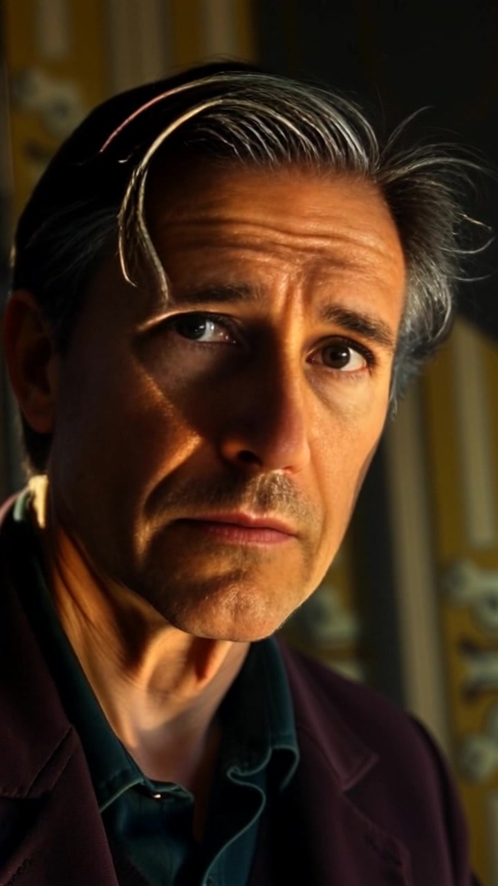 Scene: A dimly lit room with a somber atmosphere, shadows flickering on the wall behind. Style: Soft, moody lighting casts deep shadows, emphasizing a sense of intrigue and tension in the environment. Motion: The camera slowly pushes in on the character's serious expression, capturing subtle changes in his demeanor as he raises an eyebrow, deepening the sense of questioning.
