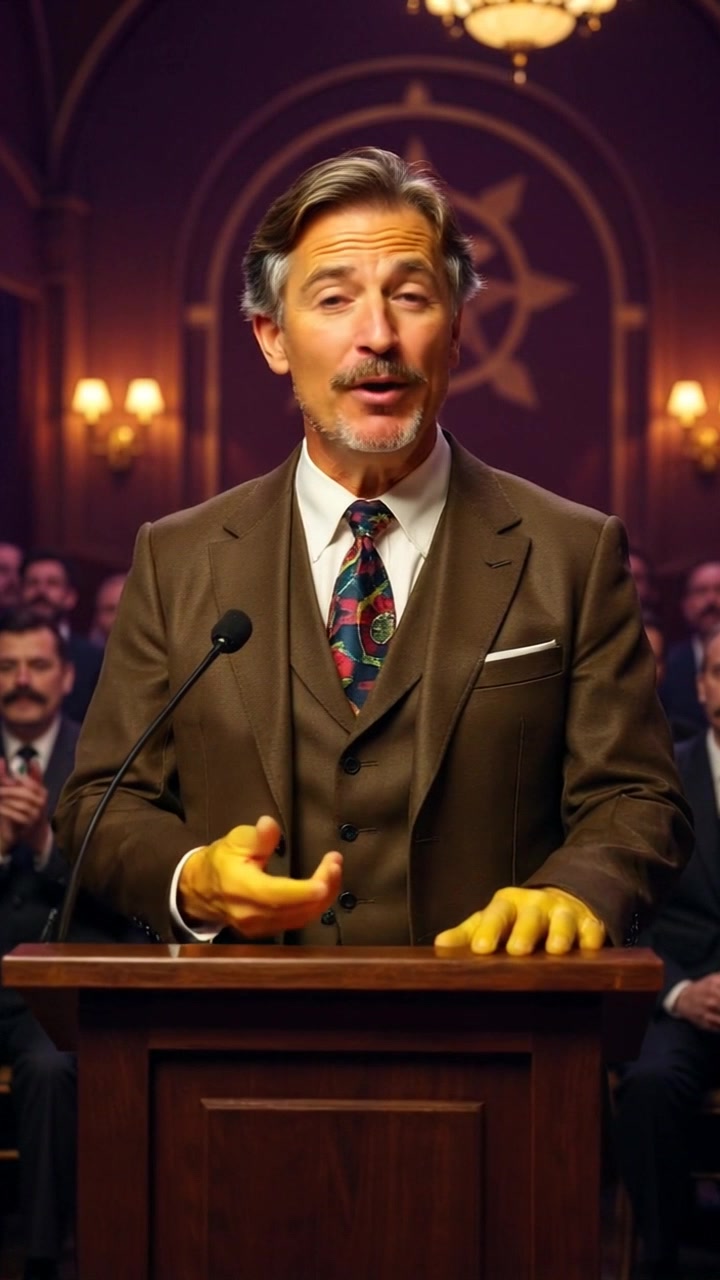 Subject: A confident speaker delivering a speech at a podium. Scene: Mark stands at a podium, addressing an engaged audience in a well-lit auditorium. Style: Bright stage lighting adds energy to the atmosphere. Motion: Camera pushes in smoothly towards Mark as he gestures emphatically, capturing the intensity of his presentation along with close-ups of audience reactions.