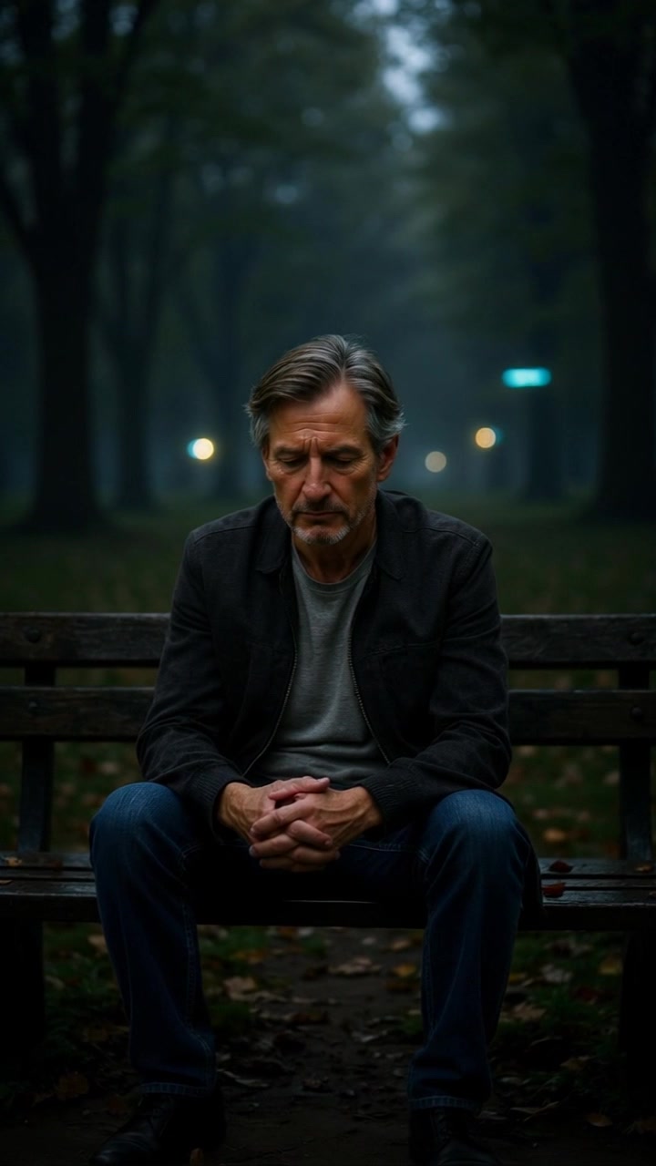 Subject: A middle-aged man with gray hair on a park bench. Subject movement: The man sits still, gazing downward with a contemplative expression. Scene: A dimly lit, tree-lined park at dusk, surrounded by soft shadows and faint transitions between light and dark. Style: The ambient lighting creates a peaceful yet introspective atmosphere, highlighting the tranquility of the park. Motion: Camera slowly pushes in for a close-up, capturing the man's thoughtful demeanor, allowing the surrounding trees to gently sway in the evening breeze.