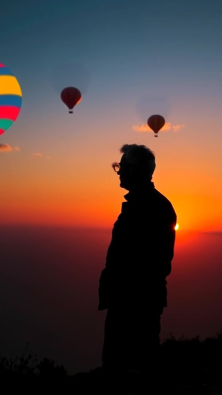 Scene: A silhouette standing atop a hill, gazing out over a vast landscape during a stunning sunset. Style: The vibrant hues of orange and pink fill the sky, casting a warm glow over the rolling hills in the distance. Motion: The camera slowly pushes in, capturing the serene moment as the silhouette remains still, emphasizing the expansive beauty of the landscape before it.