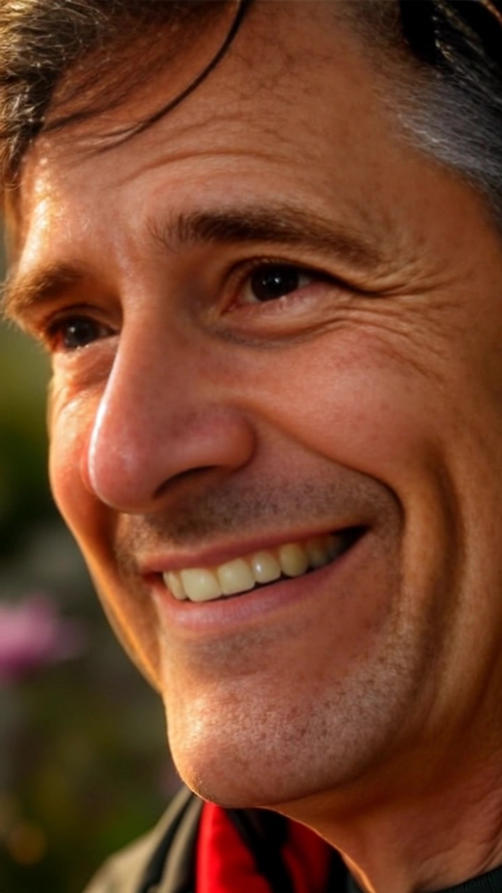 Scene: A close-up of a man's face, showcasing his smile that reveals a hidden depth of emotion contrasted by the subtle shadows under his expression. Style: Soft, diffused lighting gently highlights his features, creating an intimate yet slightly unsettling atmosphere. Motion: The camera slowly pushes in on his face, emphasizing the nuances of his smile while hinting at the darker undertones, creating a captivating tension.