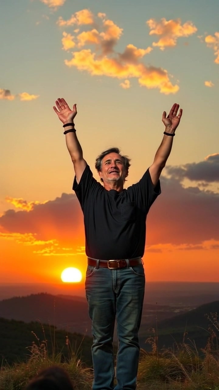 Subject: A figure standing triumphantly on a hilltop. Subject movement: The figure holds their arms raised towards the sky, embodying a moment of celebration or reflection. Scene: A breathtaking hilltop view against a vibrant sunset, with colors blending from orange to purple. Style: Warm sunset lighting creates an inviting atmosphere, emphasizing the silhouette of the figure against the glowing sky. Motion: Camera starts with a close-up on the figure, then smoothly pulls back to reveal the expansive landscape, accentuating the beauty of the sunset.