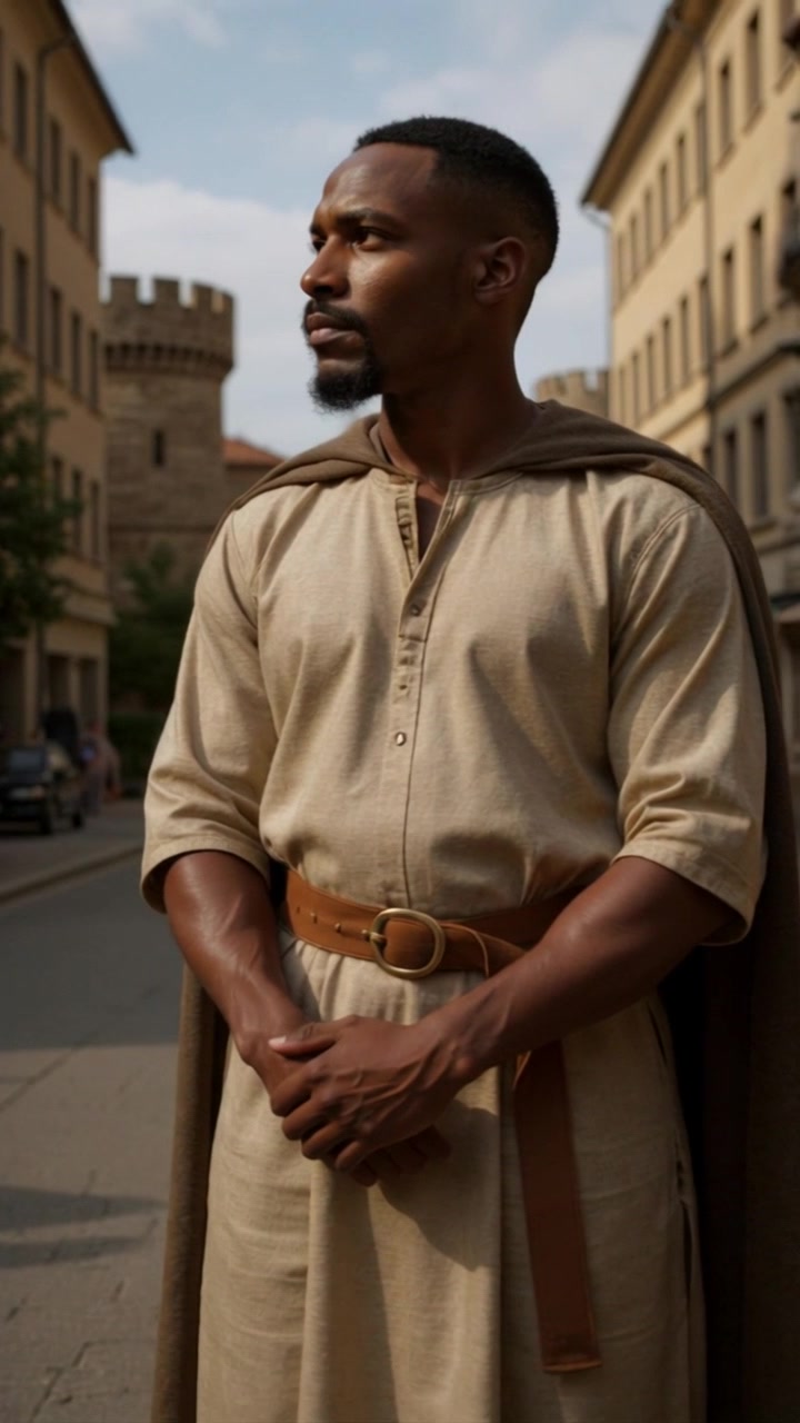 Subject: A thoughtful young man in a beige tunic and brown cape. Subject movement: He gazes pensively to the side, as if contemplating his surroundings. Scene: A narrow street flanked by old buildings, with towering stone structures looming in the background. Style: Soft, ambient morning light enhancing the warm tones of the scene, creating a contemplative atmosphere. Motion: The camera slowly pushes in towards the man, capturing the intricate details of his attire while revealing the historical architecture, wrapping the viewer in a sense of reflection and nostalgia.