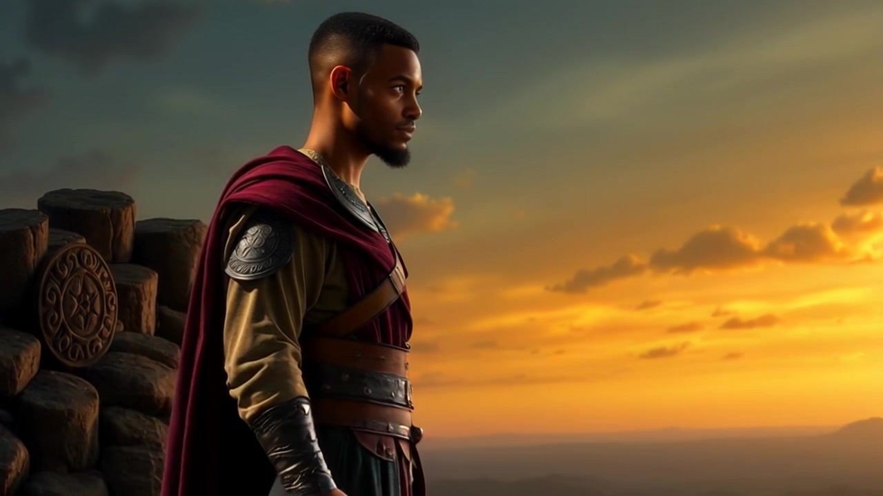Subject: A determined individual standing on a rocky outcrop. Subject movement: The individual gazes intensely at the horizon, fists clenched, exuding strength and resolve. Scene: A rugged rocky outcrop overlooking a vast landscape. Style: Dramatic sunset lighting casting warm hues across the sky, creating a striking contrast with the earthy tones of the rocks. Motion: The camera slowly pushes in from a distance, emphasizing the subject's proud stance against the expansive view, capturing the beauty of the surrounding landscape and the depth of their gaze.