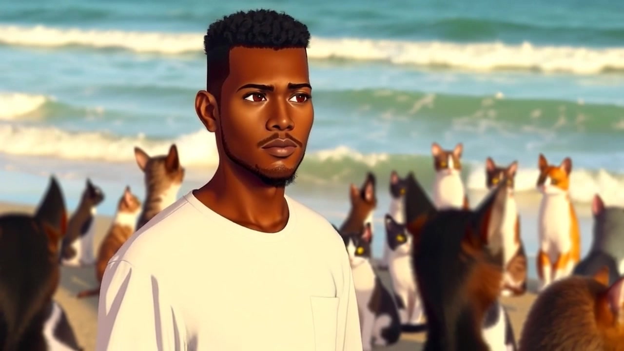 Subject: A confident figure standing at the beach, gazing thoughtfully at the rolling waves. Subject movement: The figure turns slightly, appearing to soak in the invigorating atmosphere. Scene: Expansive beach with gentle waves lapping at the shore, golden sand stretching into the distance. Style: Evening light casting soft shadows, with a warm, inviting glow illuminating the scene. Motion: The camera gently pushes in from a wide angle, gradually focusing on the figure as the waves crash rhythmically in the background.