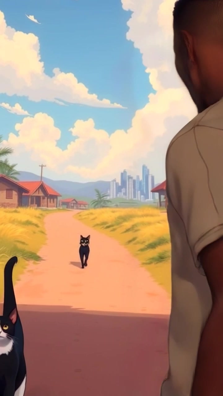 Subject: A person standing on a dirt path. Subject movement: The individual gazes back towards the village, a hopeful expression on their face as they take a step forward. Scene: A dirt path leading from a quaint village towards a distant city skyline, framed by vibrant greenery on either side. Style: Soft morning light casting a gentle glow over the landscape, enhancing the hopeful atmosphere. Motion: Camera begins with a close-up of the person's expression and then smoothly transitions to a wide shot, revealing the expanse of the path and city beyond.