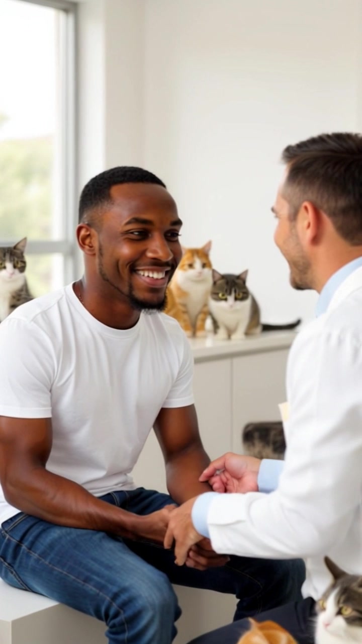 Subject: A young Black man in a white t-shirt and jeans interacts cheerfully with a man in a white coat in a bright room filled with playful cats. Subject movement: The young man leans slightly forward while smiling, as the doctor gestures animatedly with his hands. Scene: A sunny veterinary office environment, with several cats lounging on the counter and floor, creating a warm and inviting atmosphere. Motion: The camera moves in smoothly, capturing close-ups of the animated conversation, while subtly panning to the curious cats that add a lively touch to the scene. Lighting: Bright, natural daylight floods the room, accentuating the friendly interaction. Atmosphere: Uplifting and cheerful.