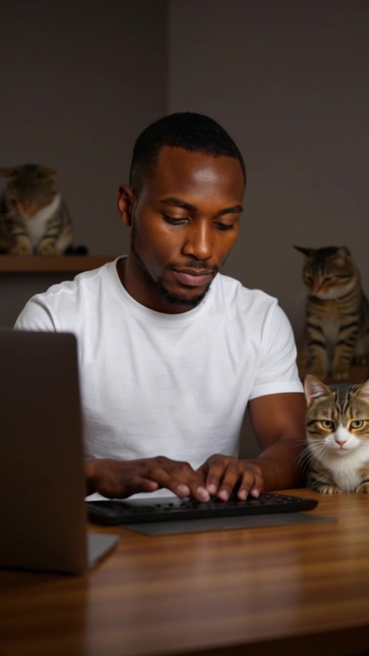 Scene: A young Black man in a white t-shirt sits at a wooden desk, focused on typing on his laptop, while three playful tabby cats explore the space around him—one confidently perched beside him and two intermittently wandering in the background. Style: Soft, cozy lighting filling the room, adding warmth to the wooden textures of the desk. Motion: Camera slowly pushes in to capture the man's concentration and the curious antics of the cats, emphasizing the gentle interaction of their environment.