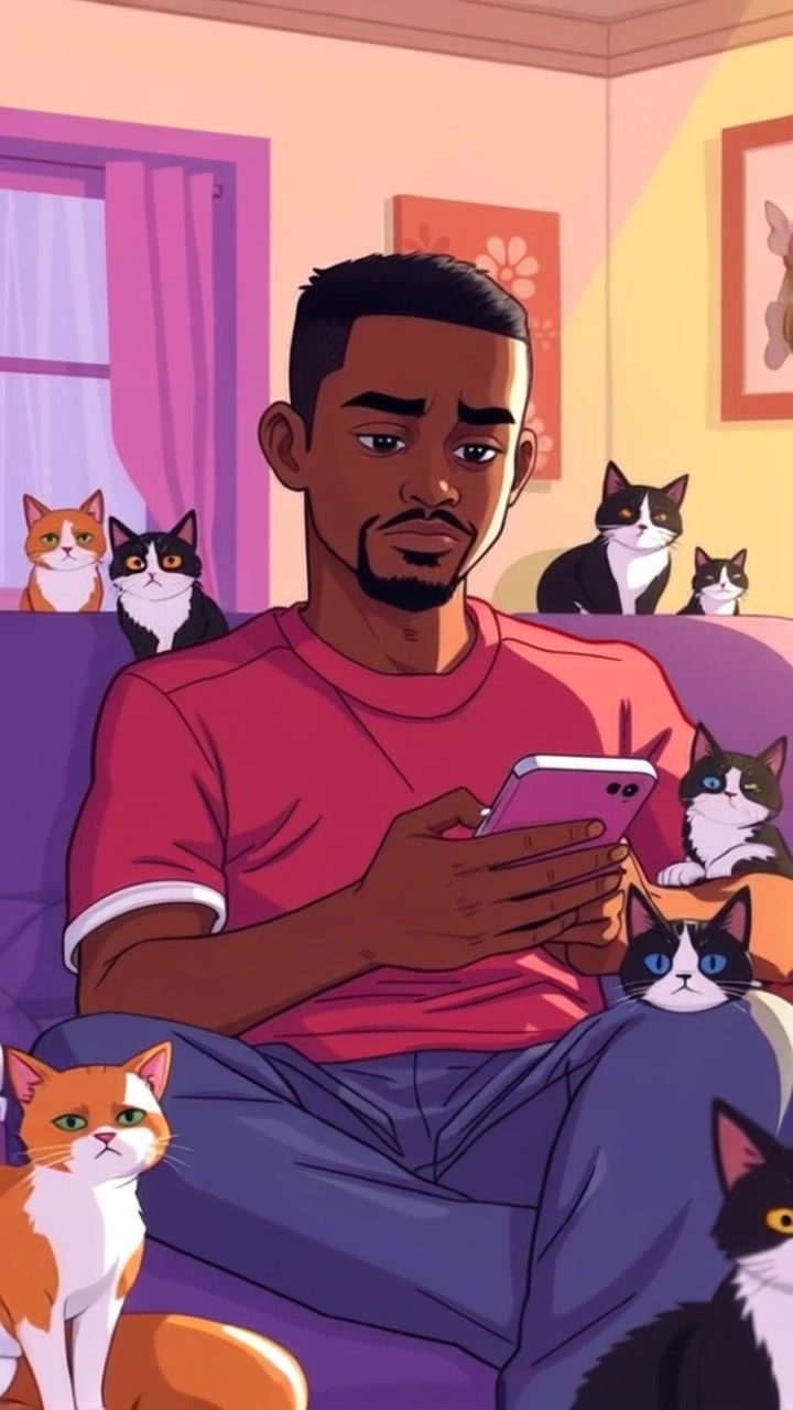 Scene: A cozy living room featuring a couch and soft lighting, with a person seated and appearing contemplative. Style: Warm, ambient lighting gently illuminating the room, creating a relaxed atmosphere. Motion: The camera starts with a close-up shot of the person's face frowning while looking at their phone, then slowly pulls back to reveal the surrounding living room environment.