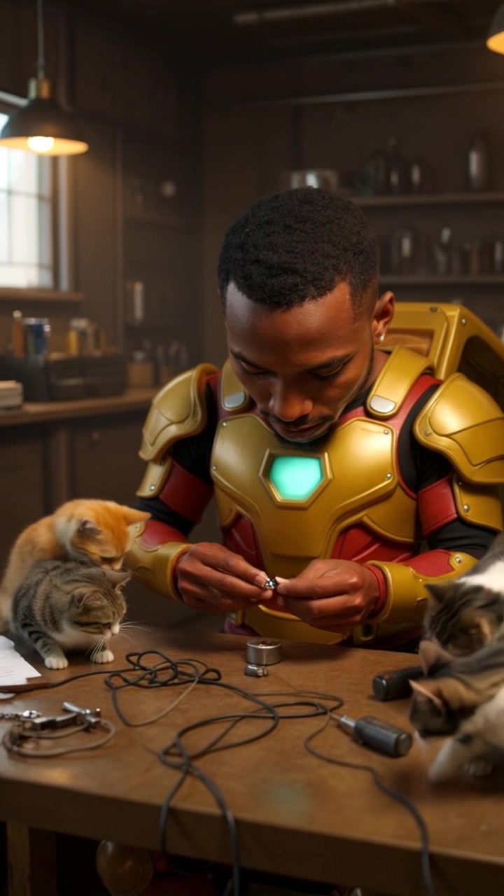 Subject: A young man in a gold and red Iron Man-style suit, diligently assembling small components at a rustic wooden table. Subject movement: The man works meticulously, occasionally lifting his gaze and chuckling as he interacts with the six curious cats that playfully circle him. Scene: A cozy, dimly lit workshop filled with scattered tools and sketches, creating an inviting atmosphere. Style: Warm, ambient lighting softly illuminating the space, casting gentle shadows that enhance the mood. Motion: Handheld camera tracking shot that moves around the table, capturing the man's focused expressions and the playful antics of the cats, creating an engaging and dynamic scene.