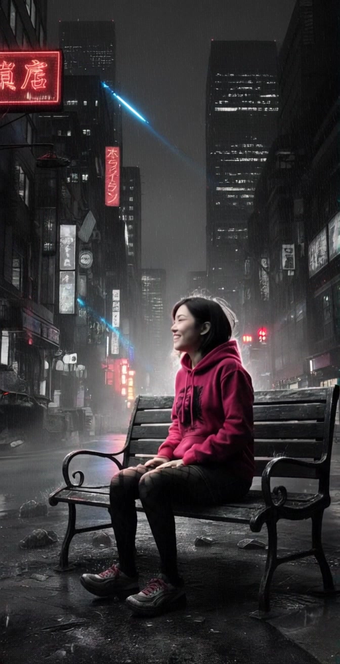 Subject: A young woman in a red hoodie. Subject movement: She bounces slightly on the bench in excitement, glancing around at her vibrant surroundings. Scene: A rainy, futuristic cityscape at night, illuminated by neon signs and glowing blue and red lights that reflect off the wet pavement. Lighting: The scene is filled with ambient, colorful lighting creating a lively atmosphere. Motion: Camera moves in for a close-up of her beaming face, slowly pulling back to reveal the dynamic cityscape behind her, capturing the lively energy of the setting.