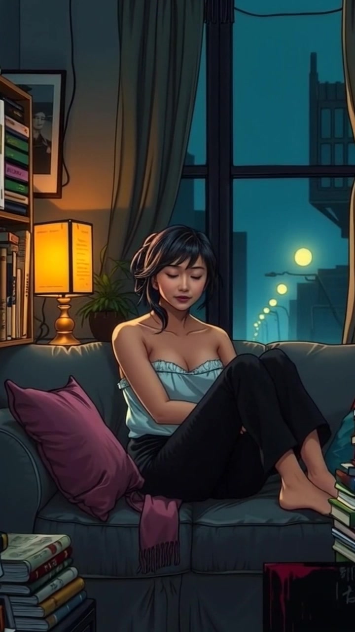 Subject: A woman sitting alone on a sofa in her cozy room. Subject movement: She leans back into the cushions, letting out a soft sigh of contentment as she gazes at her collection of books. Scene: A small, inviting room filled with the warm glow of a lamp, the walls lined with bookshelves. Lighting: Soft, ambient lighting creates a serene atmosphere. Motion: The camera gently zooms in on her relaxed expression, capturing the essence of tranquility in the space.