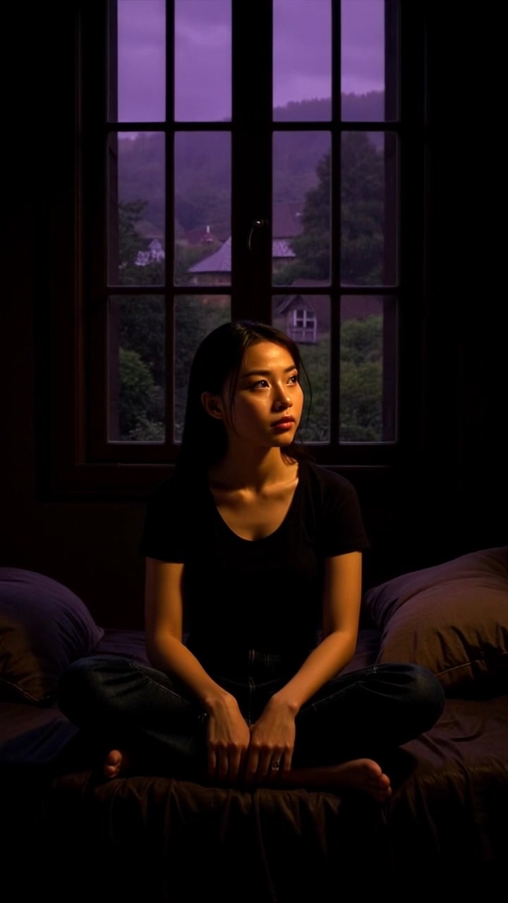Subject: A young woman sitting on her bed. Subject movement: She gazes thoughtfully out of the window, her expression contemplative. Scene: Cozy bedroom infused with warm tones, adorned with soft blankets and personal mementos. Style: Morning light streaming through the window, casting gentle shadows and creating a serene atmosphere. Motion: Camera slowly pushes in towards her, capturing the depth of her thoughts and the inviting ambiance of the room.