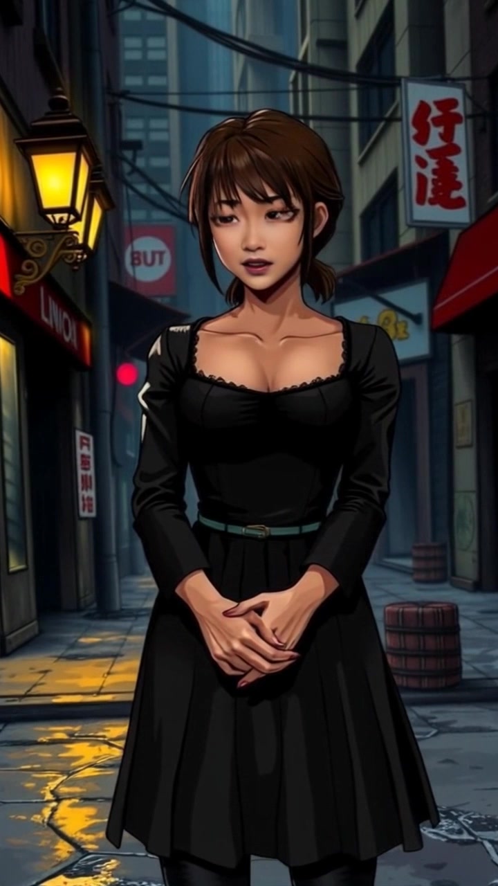 Subject: Mei standing alone in a medium shot, looking anxious with her hands clasped in front of her. Scene: A dimly lit room, shadows casting across the walls, amplifying a sense of solitude. Lighting: Low ambient light with spot highlights on Mei, creating a moody atmosphere. Motion: The camera slowly pushes in towards Mei's face, capturing the intensity of her emotion as she glances around nervously.