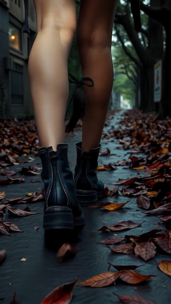 Subject: Mei's feet stepping cautiously on a leaf-covered trail. Subject movement: With each careful step, the soles lightly crunch against the fallen foliage. Scene: A serene forest trail, dappled with sunlight filtering through the trees and a carpet of colorful autumn leaves. Style: Warm, inviting morning light enhances the vibrant tones of the leaves while soft shadows create depth. Motion: Camera follows closely behind, capturing the delicate movements of the feet as they navigate the trail, with a subtle dolly-in effect accentuating the rich textures of the ground.